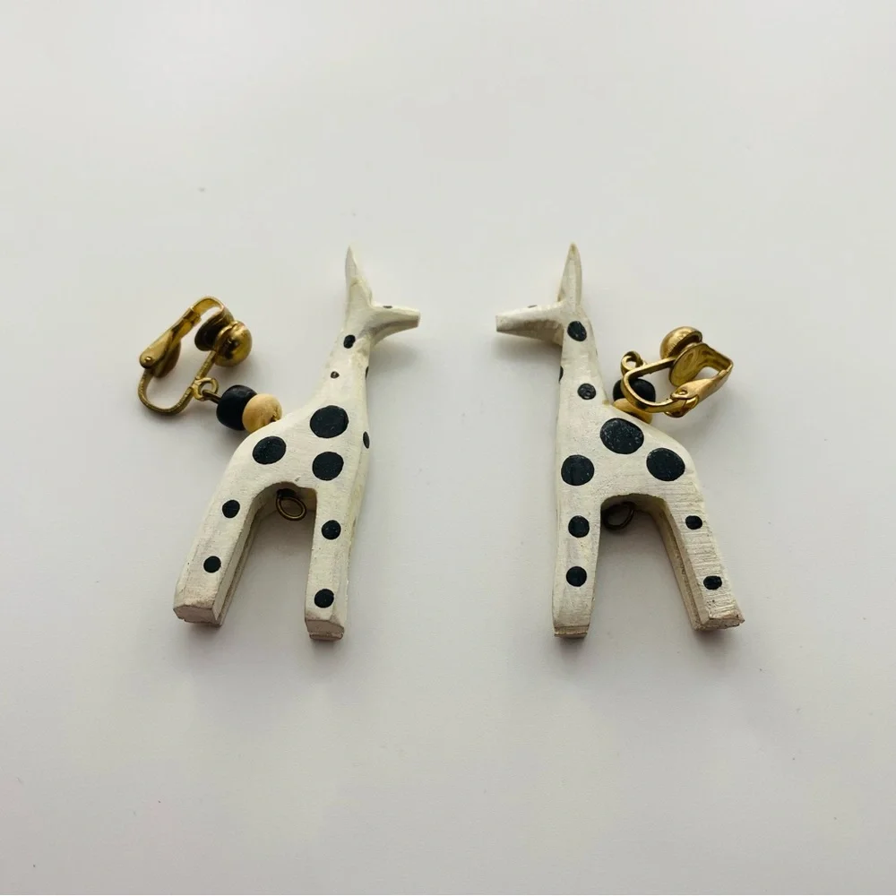 Vintage Wooden White Black Polka Dot Giraffe Earrings Clip ons